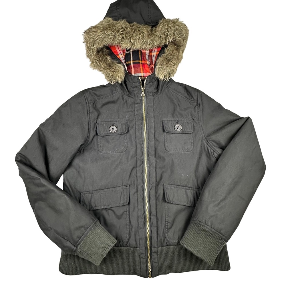 Y2K Mossimo Supply Black Utility Jacket Faux Fur Hood Plaid Lining Womens L